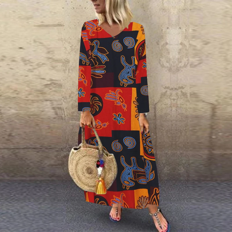 ZANZEA женское летнее хлопковое льняное платье с коротким рукавом Vestido Robe Kaftan Femme Винтаж V образным вырезом цветочный принт праздничный сарафан 5XL