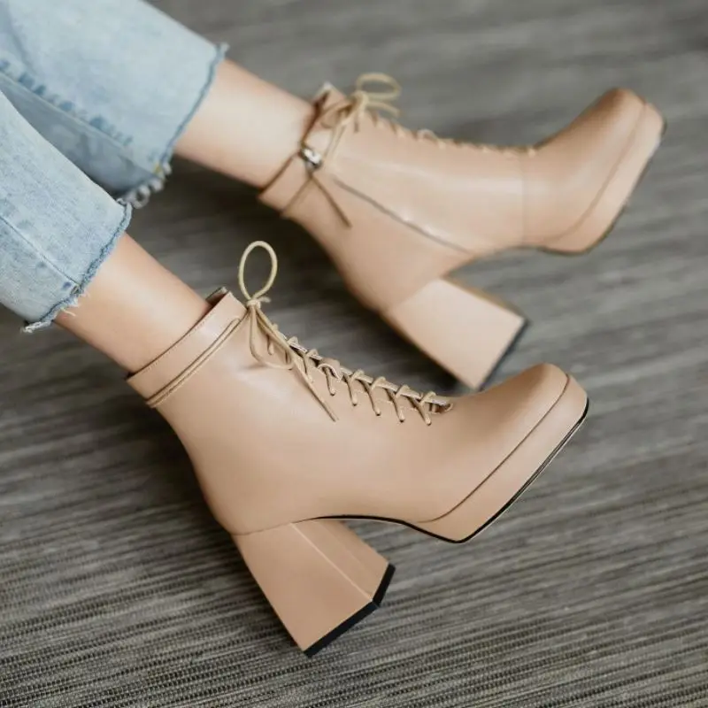 

KemeKiss Women Ankle Boots Genuine Leather Fashion Platform Cross Strap High Heel Winter Shoes Woman Sexy Footwear Size 34-40