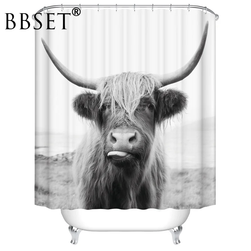 

Funny Animals Shower Curtain Tongue Out Highland Cattle Pattern Waterproof Multi-size Douchegordijn Bathroom Decor with 12 Hooks