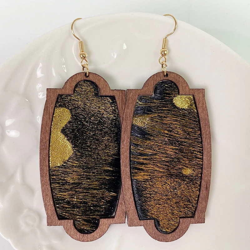 Cpop Wood Genuine Leather Earrings Horse Hair Golden Point Leopard Cow Color Pendant Dangle Texture Jewelry Gift | Украшения и