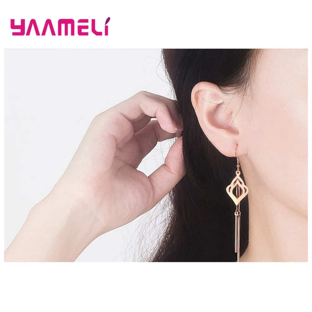 Brincos розовое золото/сребрен модные длинные серьги-капельки из стерлингового