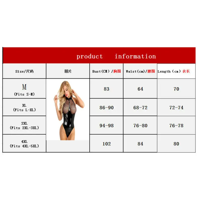 

Sexy Lingerie Women High turtleneck PU Leather Open Crotch Zipper Bodysuit Clubwear Jumpsuit New Plus Size