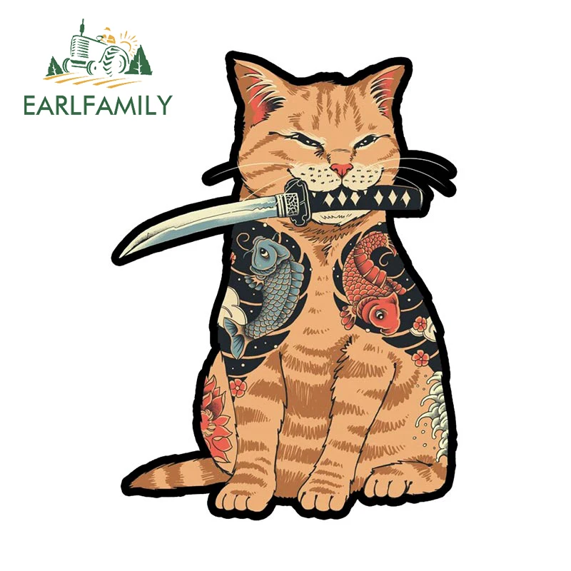 

EARLFAMILY 13cm x 9.6cm for Neko Japan Samurai Cat Car Stickers Fashionable Simple Decals Creative Windows Caravan Decor