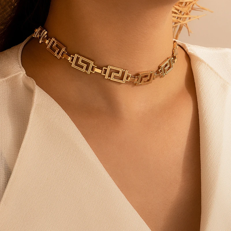 

1Pcs Vintage Gold Siiver Color Metal Maze Shape Necklace For Women Men Party Jewelry Punk Personality Chocker