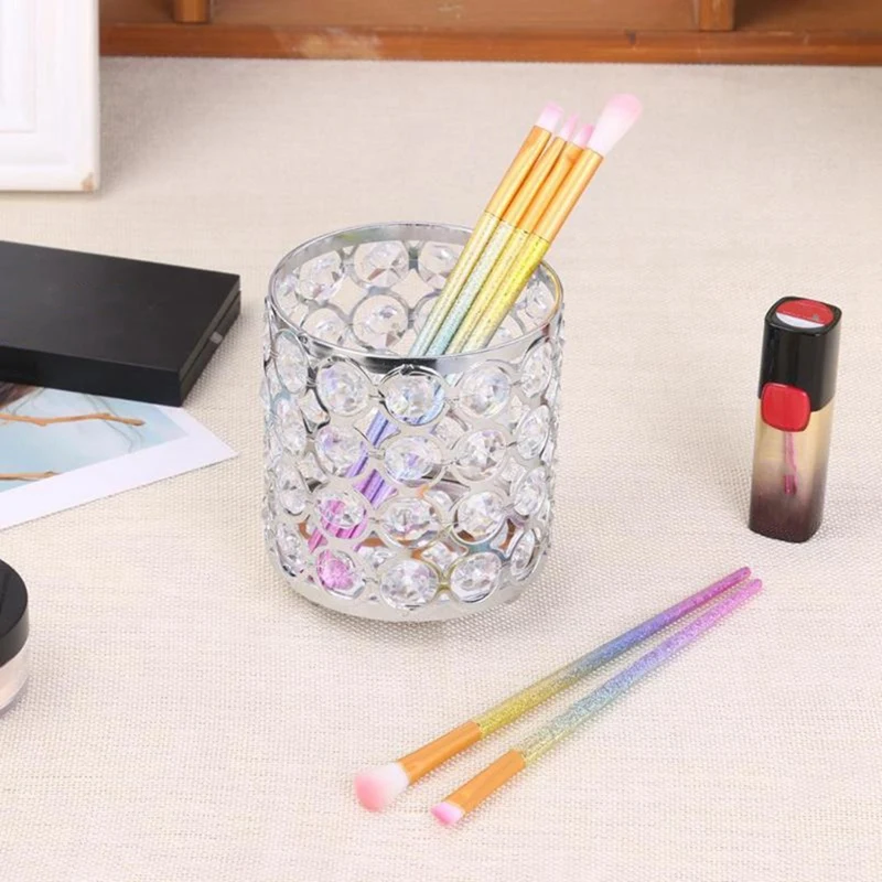 

European Metal Crystal Pencil Pen Holder Glitter Brush Storage Tube Desk Organizer Stationery Container Box