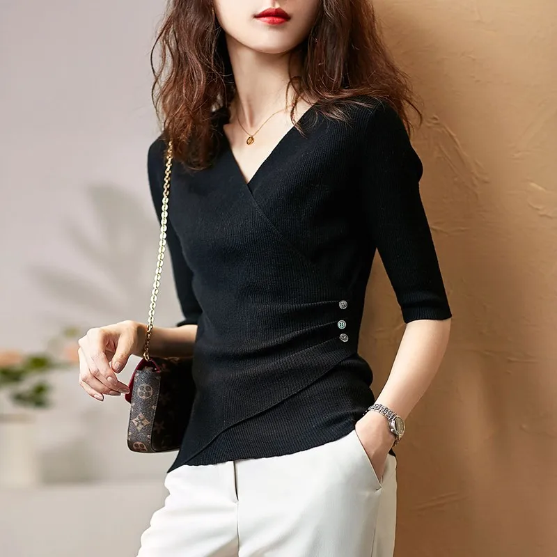 

V-Neck Knitted T-Shirt Shwomen Clothing 2021 New Spring Summer Female Fashion Elegant Pure Color Show Thin Half Sleeve Render