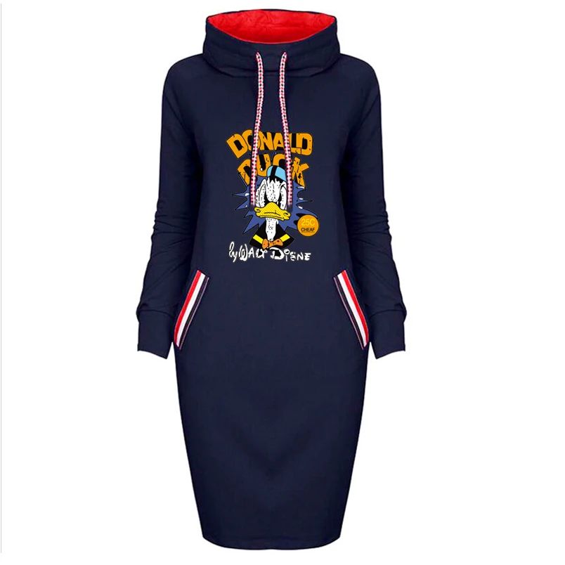 

Women Disney Dress Donald Duck Cartoons Print Fake Pocket Long Sleeve Thin Bodycon Dresses Vintage Woman Party Short Vestidos
