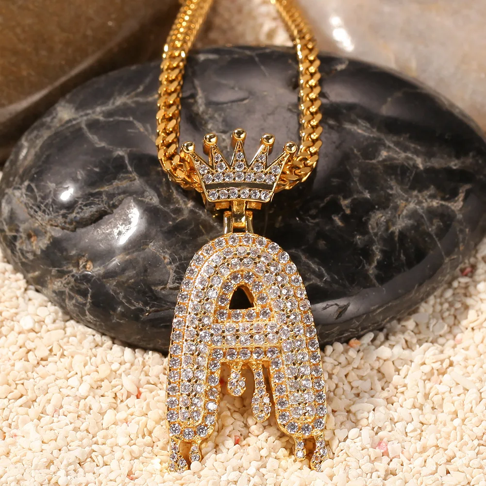 

MOFLO European New Hips Hops Iced Out Necklace Pave Bling CZ Drips Initial Letter Pendant Necklace