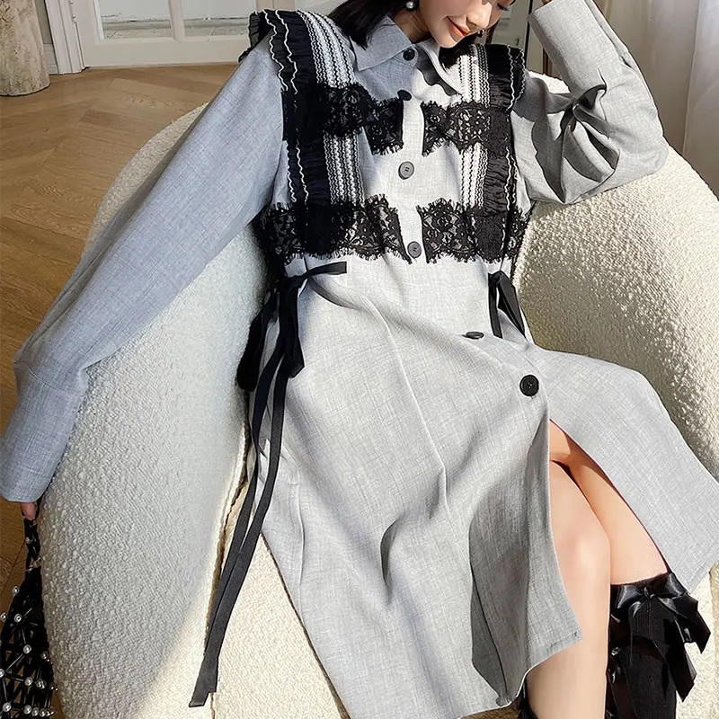

SHENGPALAE Drawstring Mesh Dress Women's Spring 2021 New Lapel Full Sleeve Patchwork Single Breast Minority Loose Dresses Style