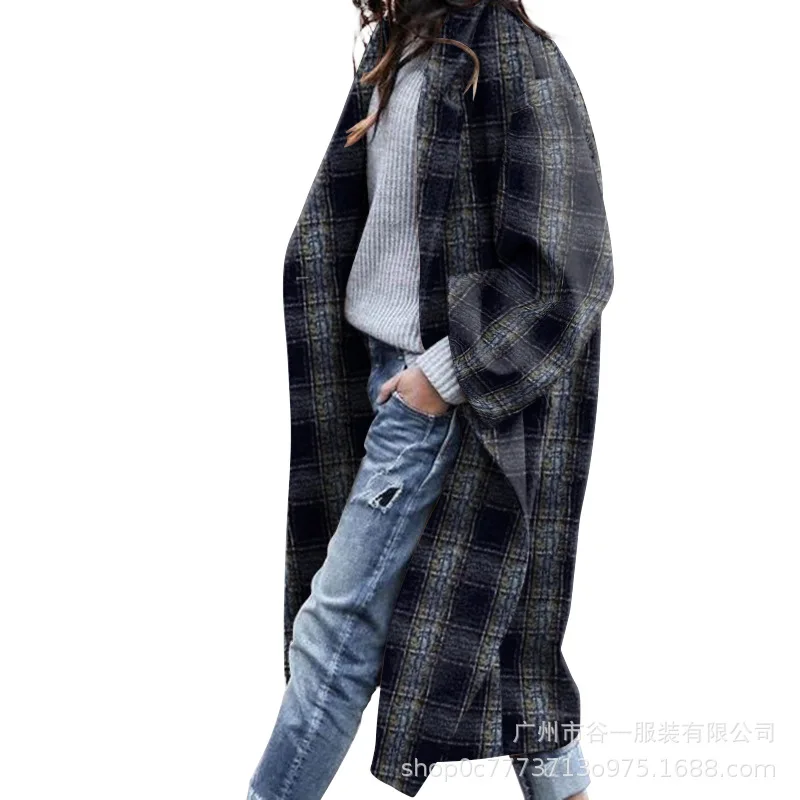 

WEPBEL Women's Casual Plaid Single Button Long Coat Spring and Autumn Fashion Long Sleeve Turn-down Collar Jacket