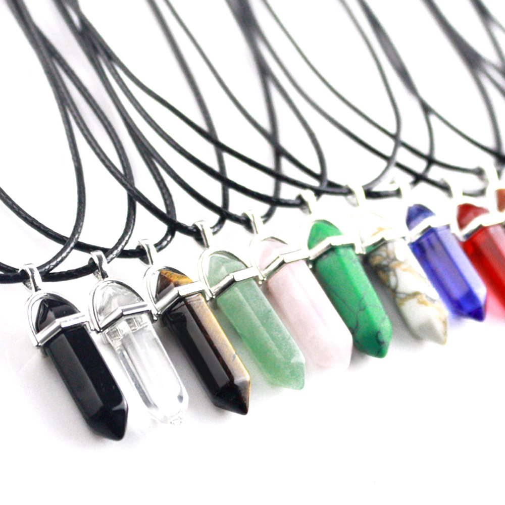 

Natural Stone Pendant Necklace Crystal Quartz Bullet Pendant Necklace Rope Hexagonal Pendulum Reiki Chakra Pendant Necklace