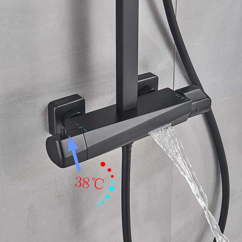 Матовый черный Термостатический смеситель для душа ванной комнаты с двумя