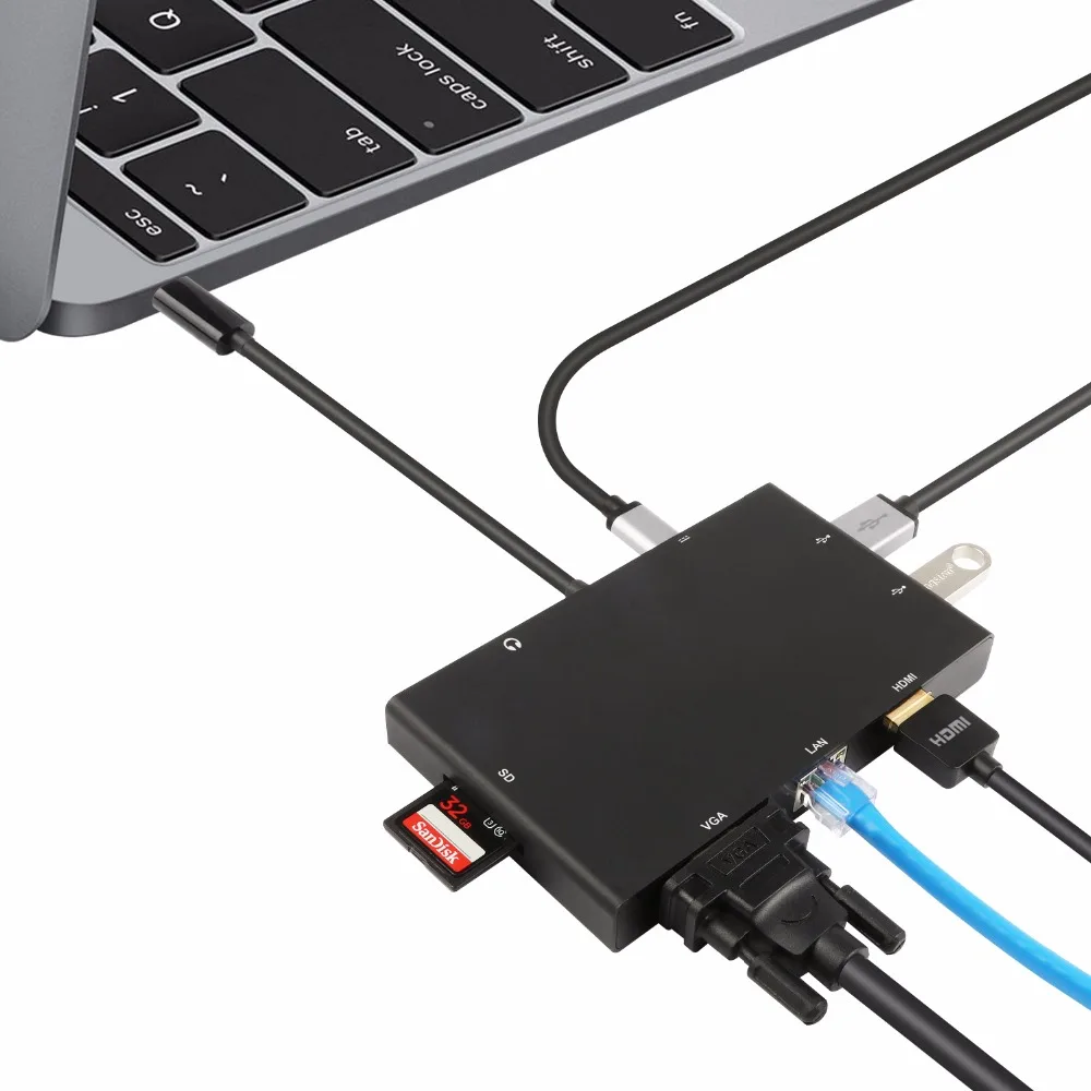 YUNCLOUND USB HUB RJ45 Type C to HDMI VGA LAN Card Reader Audio PD Charging 3.0 Hub for Macbook Samsung S8/S9 Huawei P20 Pro | Компьютеры