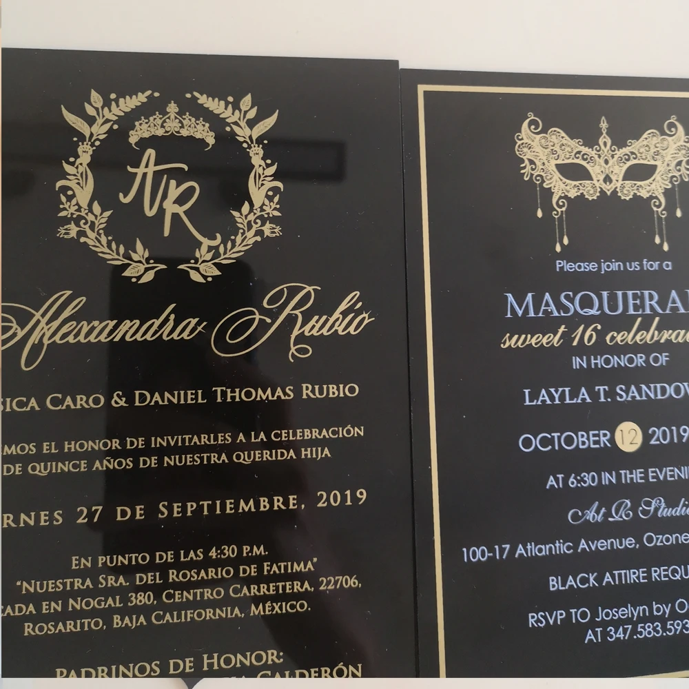 10pc/lot High quality UV Printing Eco-Friendly inks Screen Gold Foil Mask Black Acrylic Card Wedding Invitation | Дом и сад