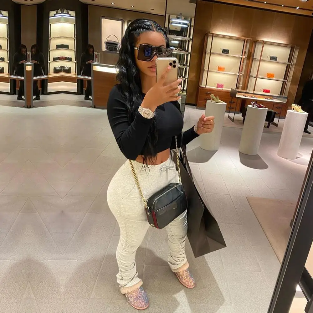 

stacked leggings Sweatpants Women High Waist Ruched Pant Flare Pants Casual Stacked Joggers Bell Bottom Pants trousers