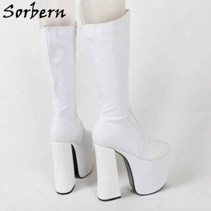 

Sorbern Fashion White Matt Block Heel Boots Knee High Thick Platform Shoes Winter Style Plush Custom Slim Fit Female Shoes