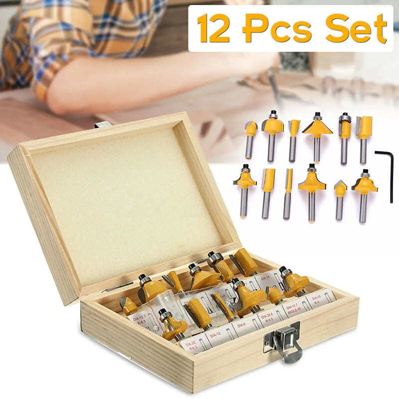 

1/4 Inch Shank Tungsten Carbide Router Bit Set Woodworking (12Pack) Wood