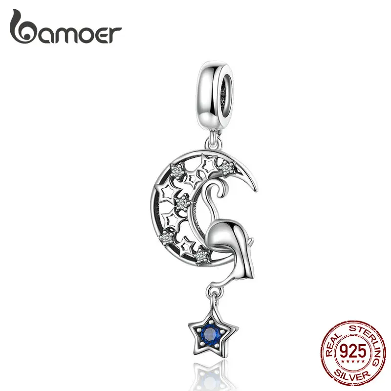 BAMOER, новинка, винтажная подвеска в виде Луны и звезды кошки, подходит для браслета, ожерелья, 925 пробы, серебро, хорошее ювелирное изделие SCC1205