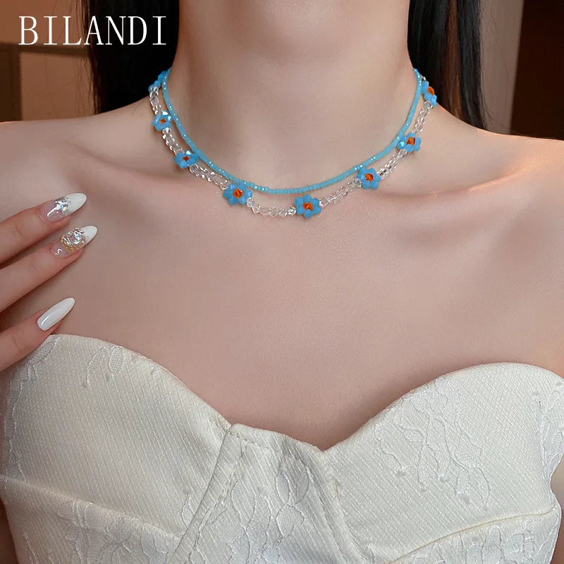 

Bilandi Sweet Jewelry Blue Flower Glass Beads Necklace Pretty Design Simulated Pearl Elegant Choker Necklace For Girl Lady Gifts
