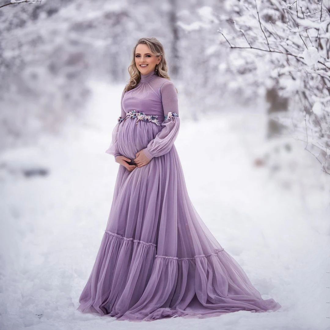 

Elegant Soft Tulle Maternity Gowns High Neck Long Sleeves A Line Plus Size Photo Shoot Pregnancy Gowns 2021