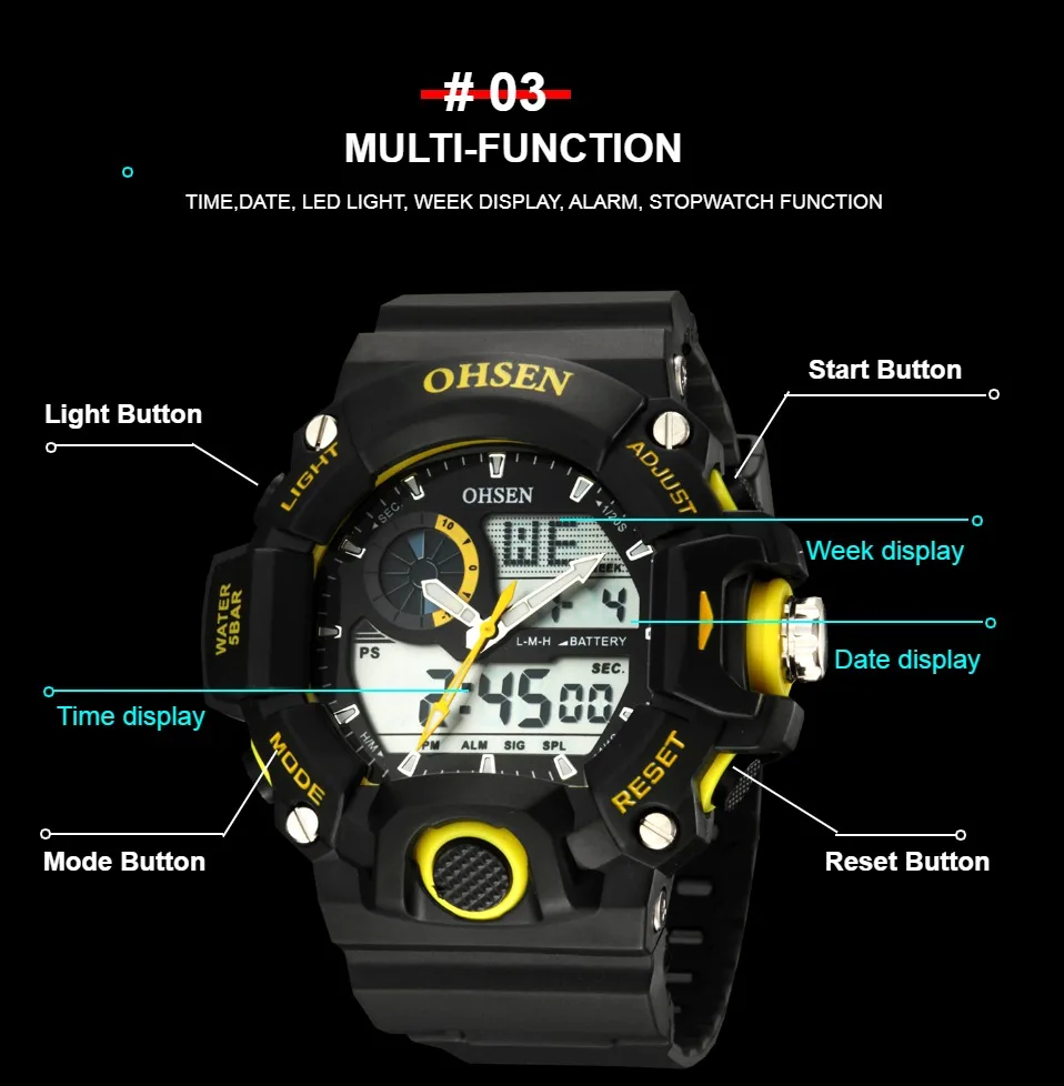 OHSEN Digital Quartz Sport Men's Watch Mens Male Wristwatches Yellow Dial Fashion 50M Waterproof Casual LCD Clocks Gift | Наручные