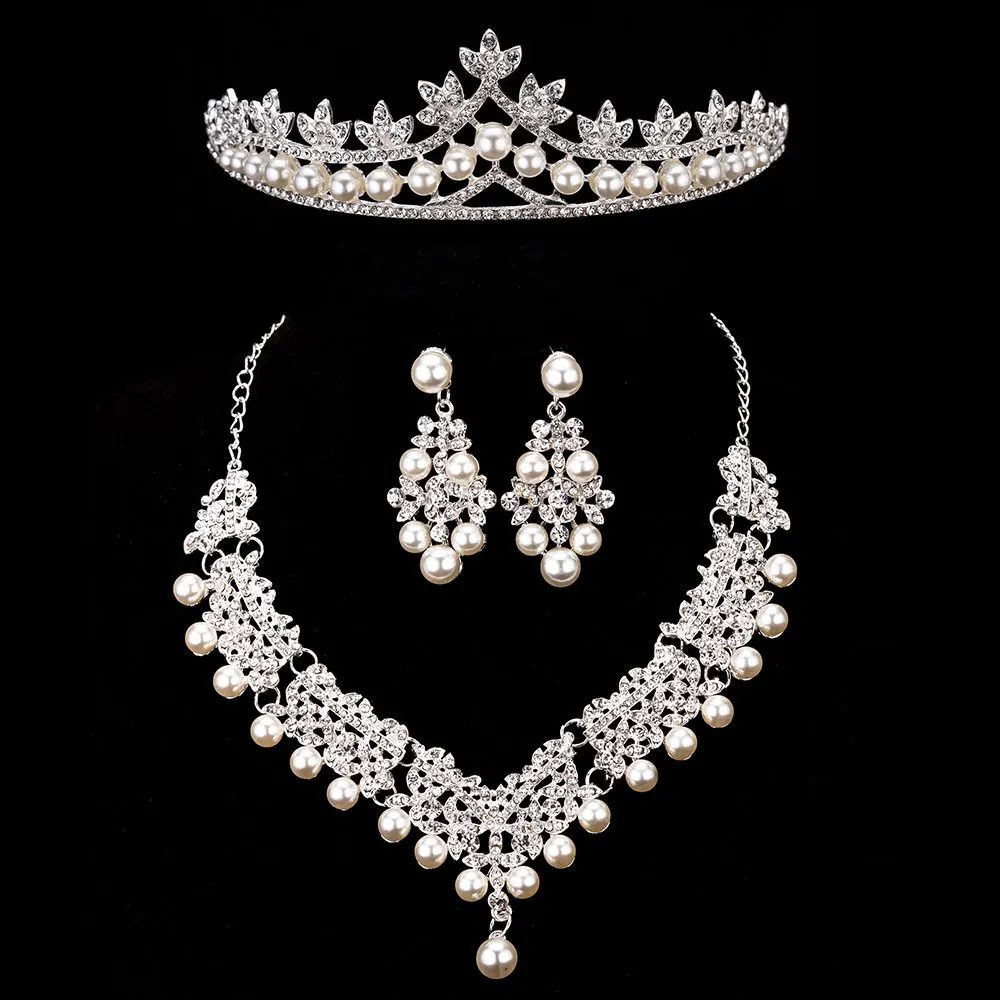 3PCS Set 7 KMVEXO 3 шт. великолепные жемчужные свадебные комплекты ювелирных изделий для невесты женский костюм невесты Кристальные Тиары Корона ожерелье серьги наборы - Окраска металла: 3PCS Set 7
