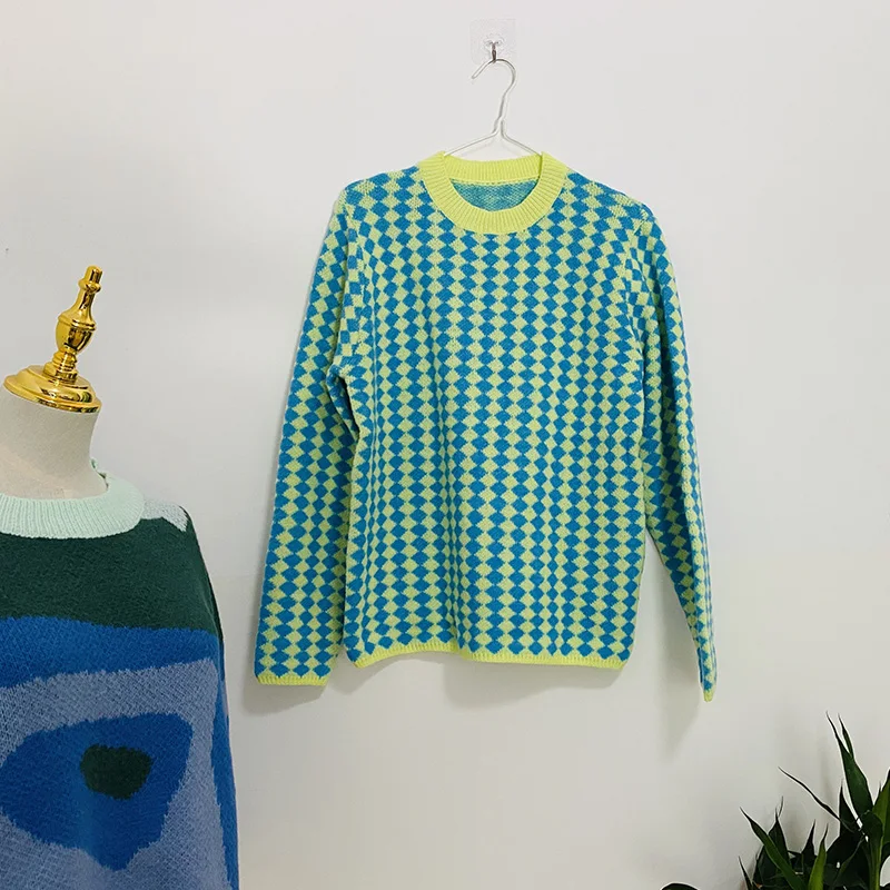 

MosiMolly O Neck Rhombus Plaid Knit Sweater 2021 AW Plaid Sweater Pullovers Jumper Women Pullovers
