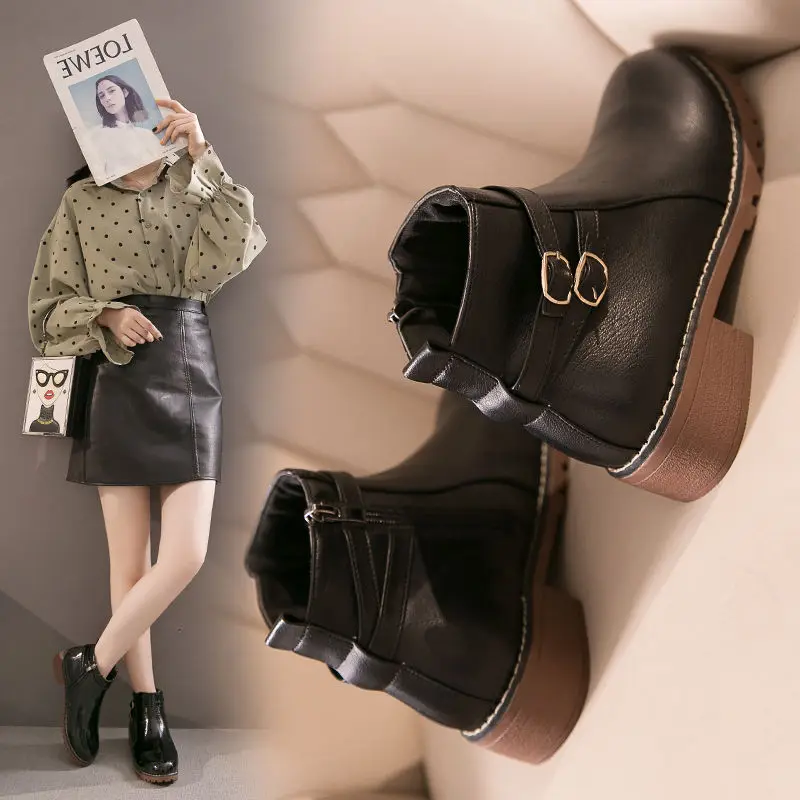 

Fashion British style short boots women's shoes casual new thick heel leather boots winter outdoor comfortable women's boots