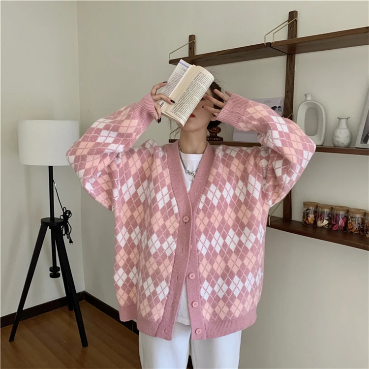 

Women Pink Vest V-neck Knitted Cardigan Sweater Jacket Female Rhombus Splicing College Style Thickened Loose Knit Sweater Tops