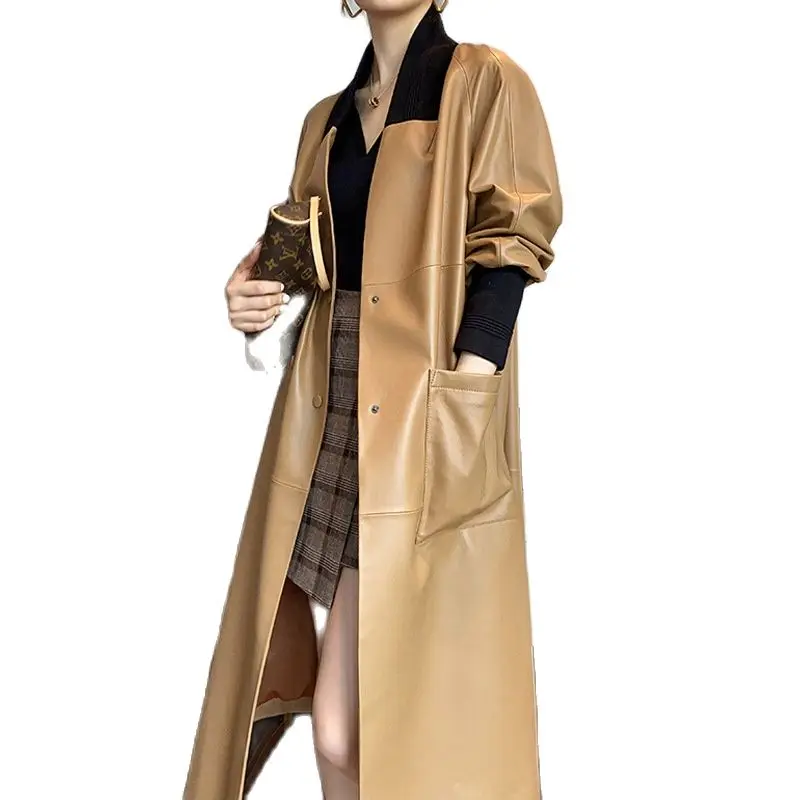 Chaqueta de cuero auténtico para mujer, abrigo largo de piel de oveja, versión coreana, venta al por mayor, 2021