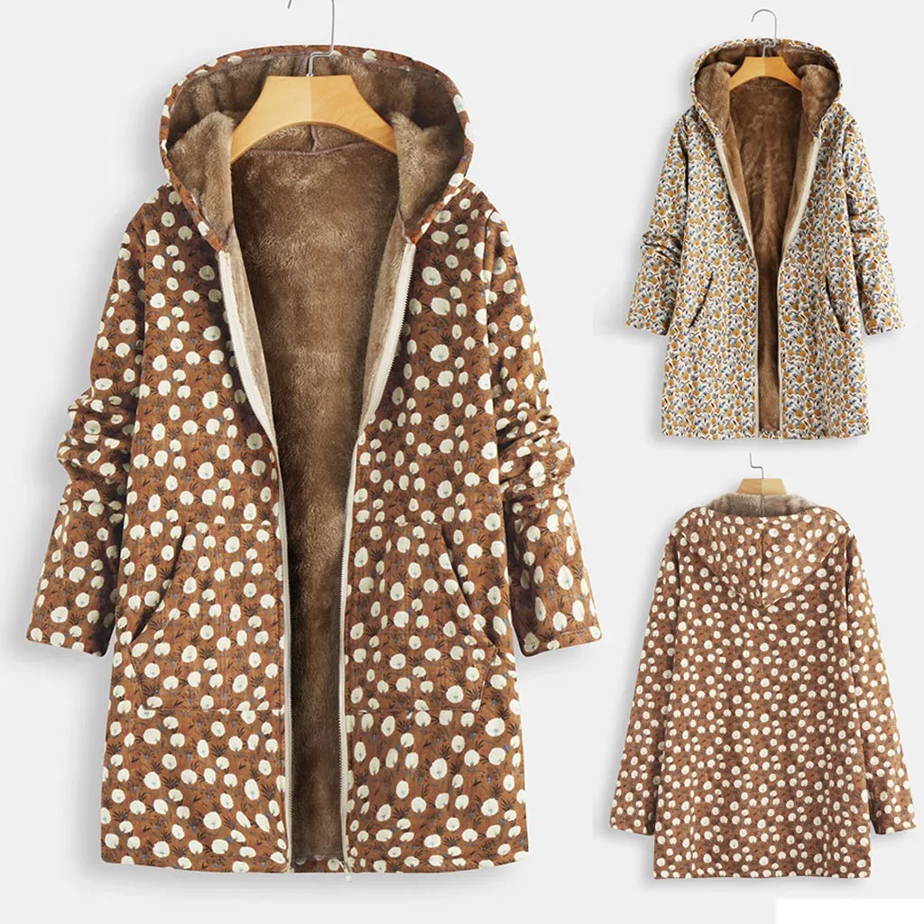 

Vogue Women Coat Plus Size Winter Warm Vintage Floral Print Asymmetrical Hooded Outwearcoat Loose Outdoor Windproof Coat Female