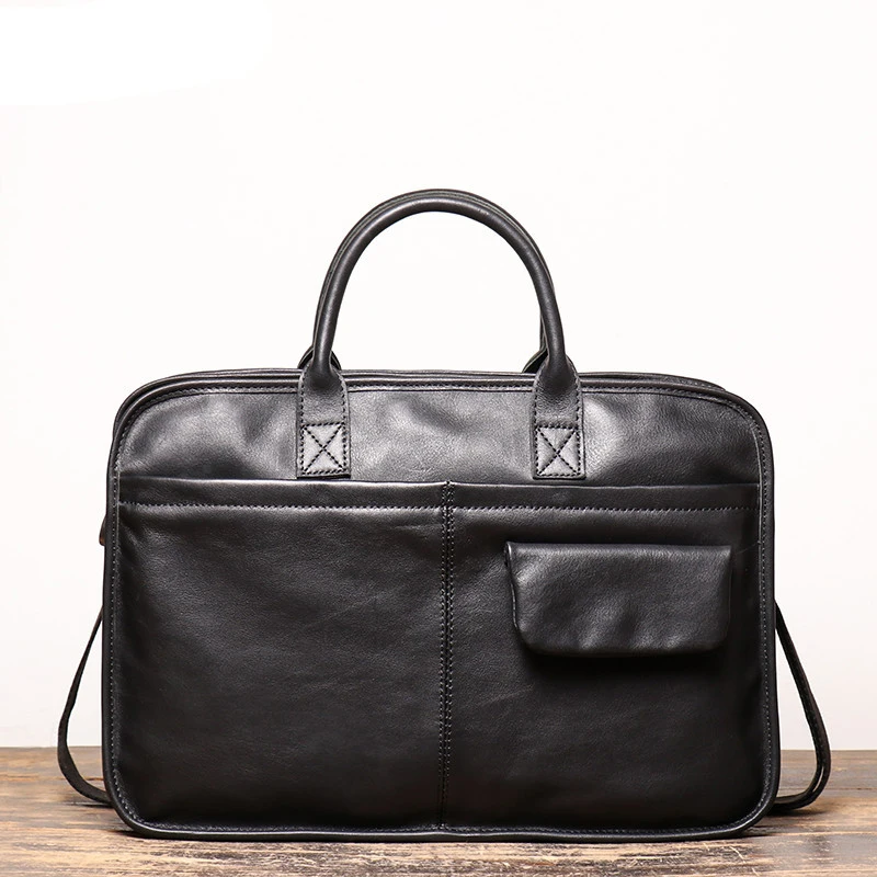 men's genuine leather handbag casual simple shoulder messenger bag cowhide briefcase business travel black computer bag