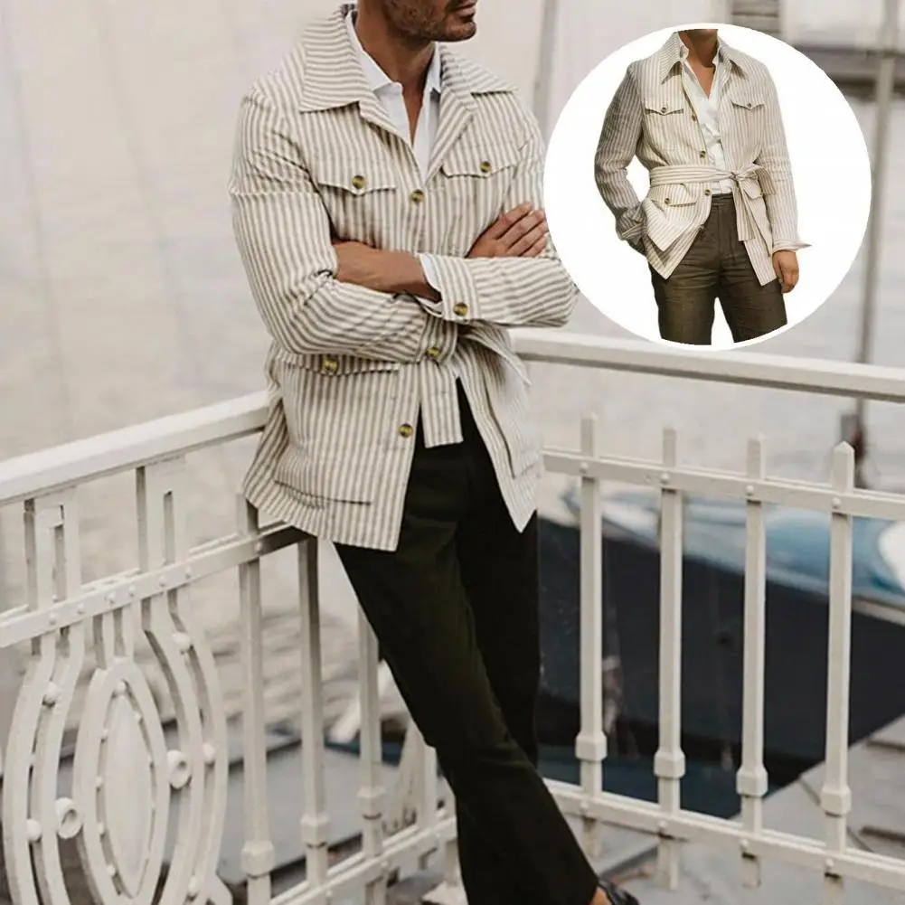 

Сказочное Мужское пальто с пуговицами и поясом, весеннее пальто в полоску, весеннее пальто, весеннее пальто