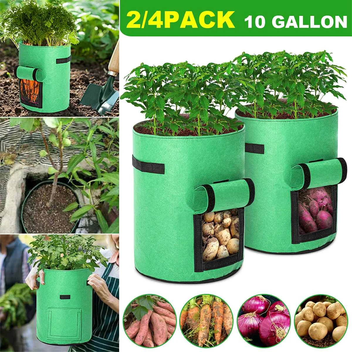 

2 Pack Potato Grow Bags 10 Gallon Non Woven Vegetable Greenhouse for Fruit, Flower, Cultivation Toy Storage Reusable Bags(Green)