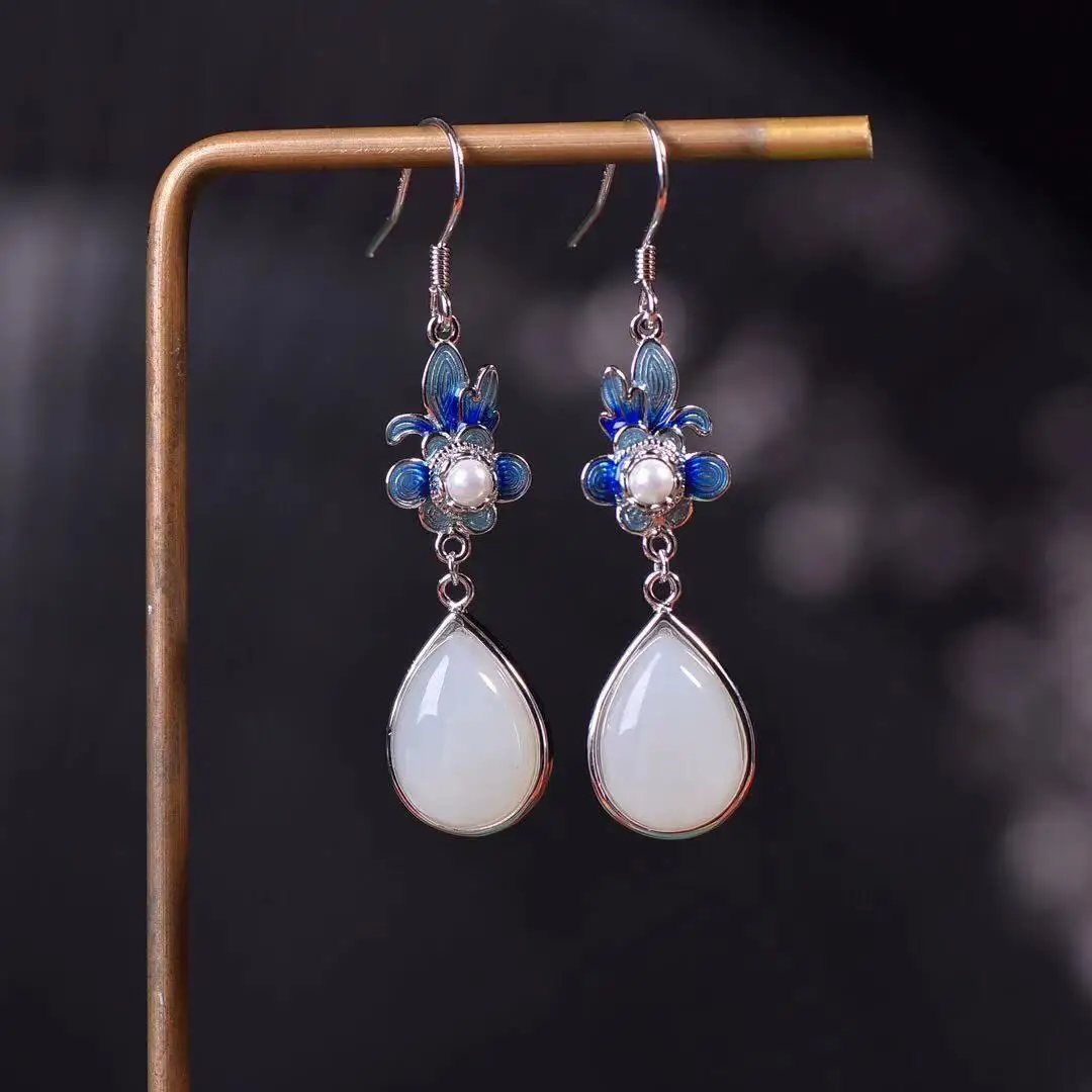 

Natural 925 silver inlaid Hetian jade drop enamel earrings
