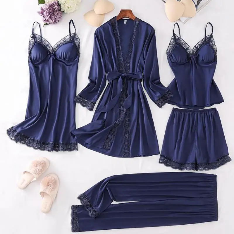 

Green Faux Silk Pajamas Set Women New 5PCS Sleepwear Spring Summer Pijamas Suit Sexy Lace Robe Suit Casual Pyjamas Pour