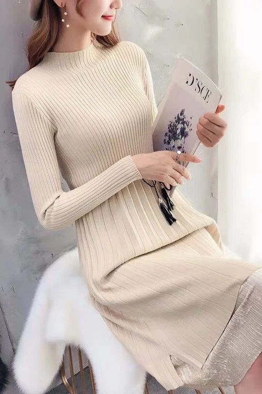 

Fashion Gentle Long-sleeved Sweater Dress Female 2019 New Autumn And Winter Loose Half-high Collar Inside Take A Knit Dress