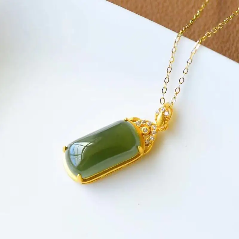 

Ancient gold craftsmanship inlaid natural Hetian jade green rectangular necklace pendant ladies party banquet jewelry
