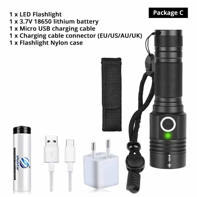 Package C Супер яркий XHP50 светодиодный фонарик с нижним магнитом водонепроницаемый фонарик Поддержка зум 4 режима освещения кемпинг лампа - Испускаемый цвет: Package C