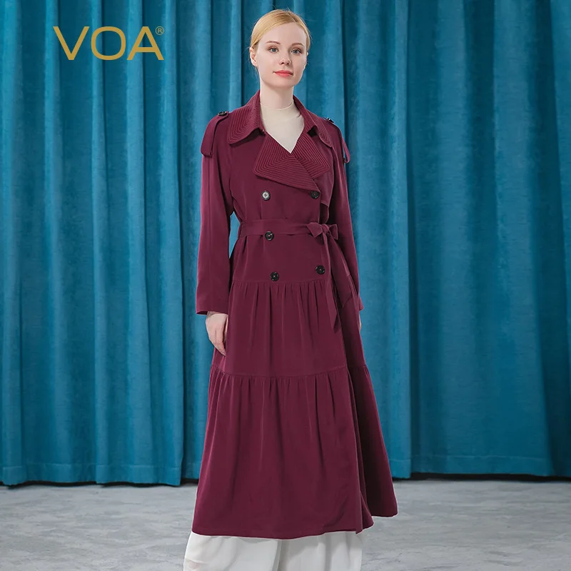 

VOA Silk 30m/m Maroon Red Lapel Shoulder Long Sleeve Bright Line Decoration Double Row Buckle Tie Band Long Windbreake FE80