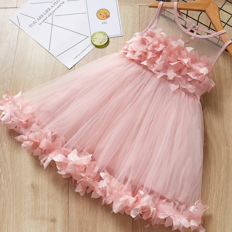 

New Summer Girls Sweet Dress Princess Petal Dress Baby Kid Girls Clothing Wedding Party Dresses Children Clothing White Applique