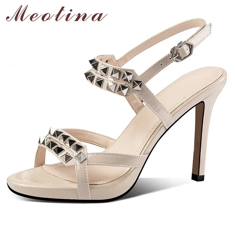 

Сандалии Meotina женские из натуральной кожи, босоножки с круглым носком, на тонком высоком каблуке, со стразами, цвет черный, лето