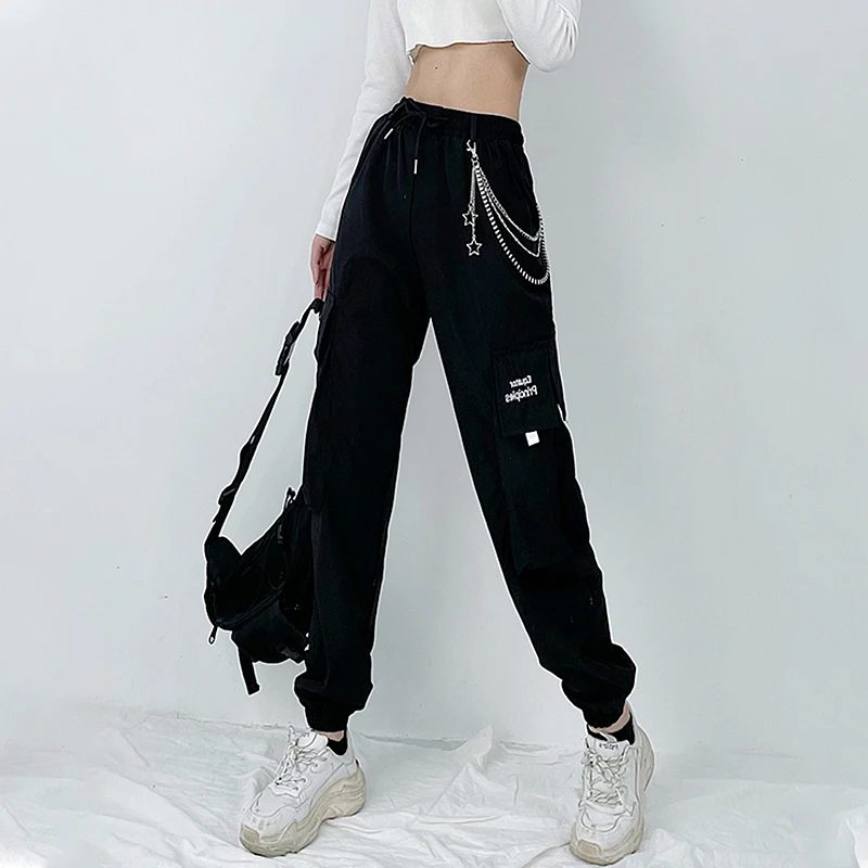 

Harajuku Cargo Pants Women 2021 High Waist Side Pockets Harem Pants With Chain Vintage Hip Hop Trousers Pantalon Femme