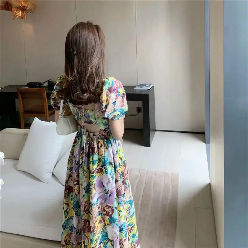 

Platycodon floral long skirt female summer halter skirt cardio design niche retro square collar tea break French dress