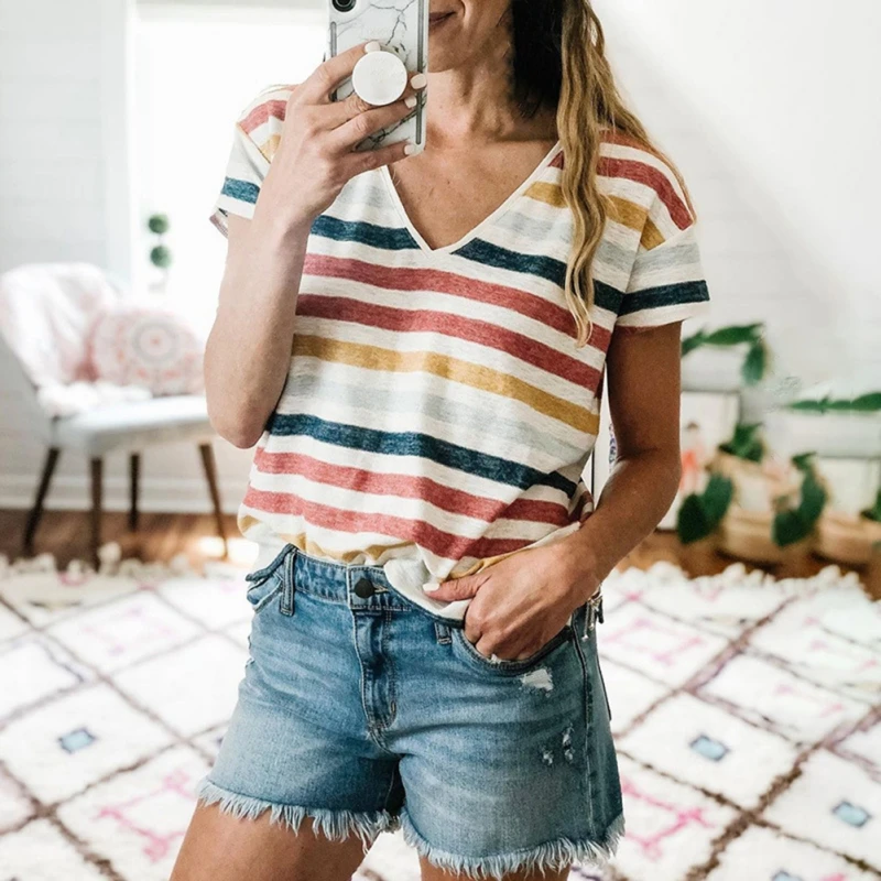 

Женские топы, футболка с коротким рукавом и V-образным вырезом, женские летние новые Модные приталенные Топы в полоску контрастных цветов, ж...