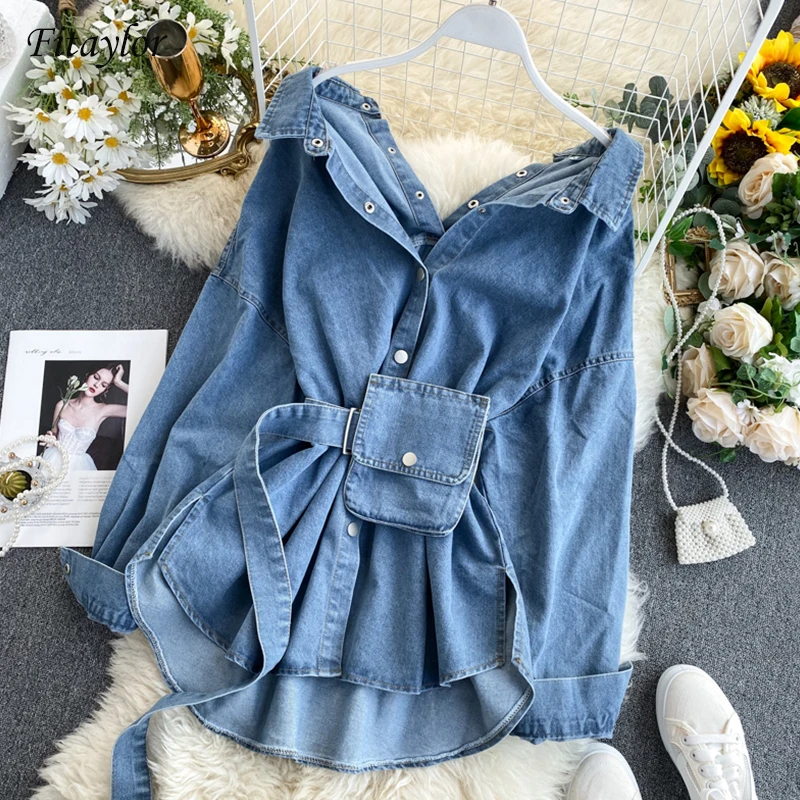 

Fitaylor Denim Jacket Women Fashion Jeans Blouse Coat Ladies Streetwear Jean Denim Blouse Loose Shirts Vintage Tops