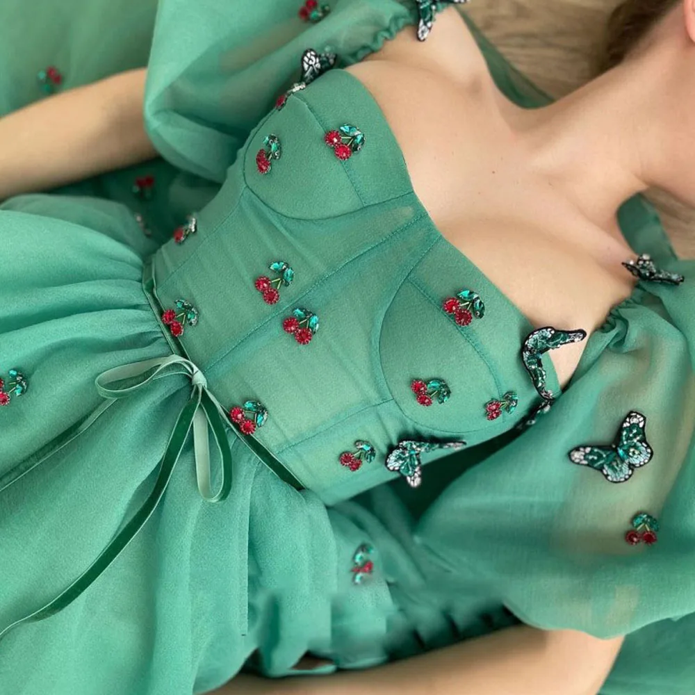 Puff Sleeves Prom Dresses Knee Butterfly Appliques Sweetheart Length Formal Party Gowns's Women Green Cocktail Dress 2021 | Свадьбы и