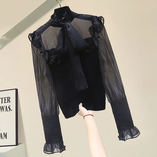 

Шифоновая вязаная рубашка для женщин, новый сексуальный укороченный топ с бантом и воротником-стойкой, с длинным рукавом и оборками, Blusas ...