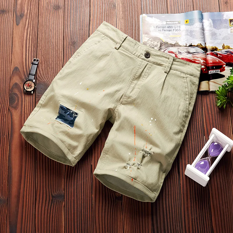 

Summer Elastic Shorts Men Casual Cotton Mens Shorts Brand Fashion Short Male Solid Stitching Paint-ink Short Bermuda M-4xl 28-39
