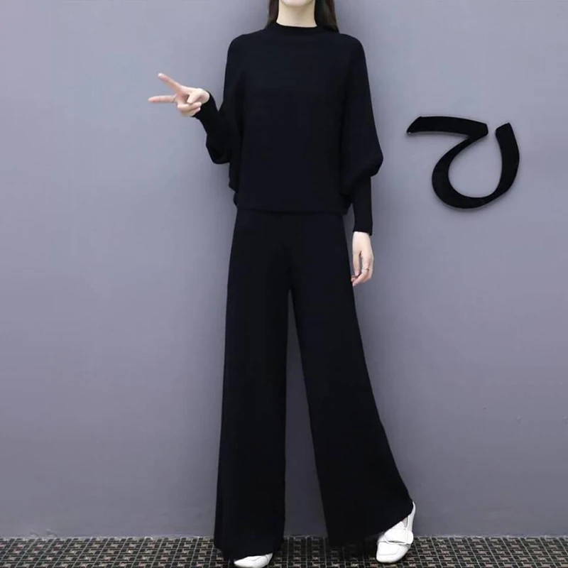 Женский черный костюм с рукавом летучая мышь вязанные Широкие штаны свободный